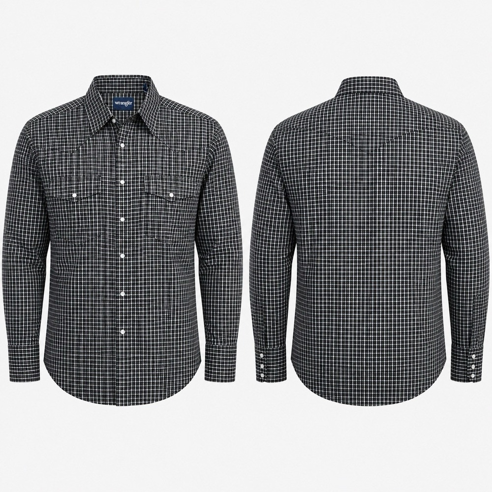 Wrangler Mens M Black White Plaid Western Pearl Snap Shirt Relaxed Fit MWR424X